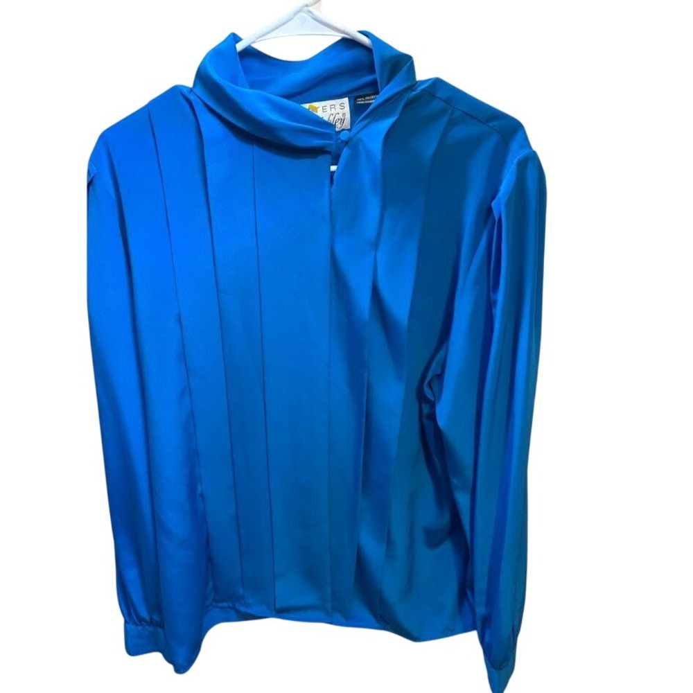Peters & Ashley Vintage Electric Blue Mock Neck Pleated Blouse Size 14